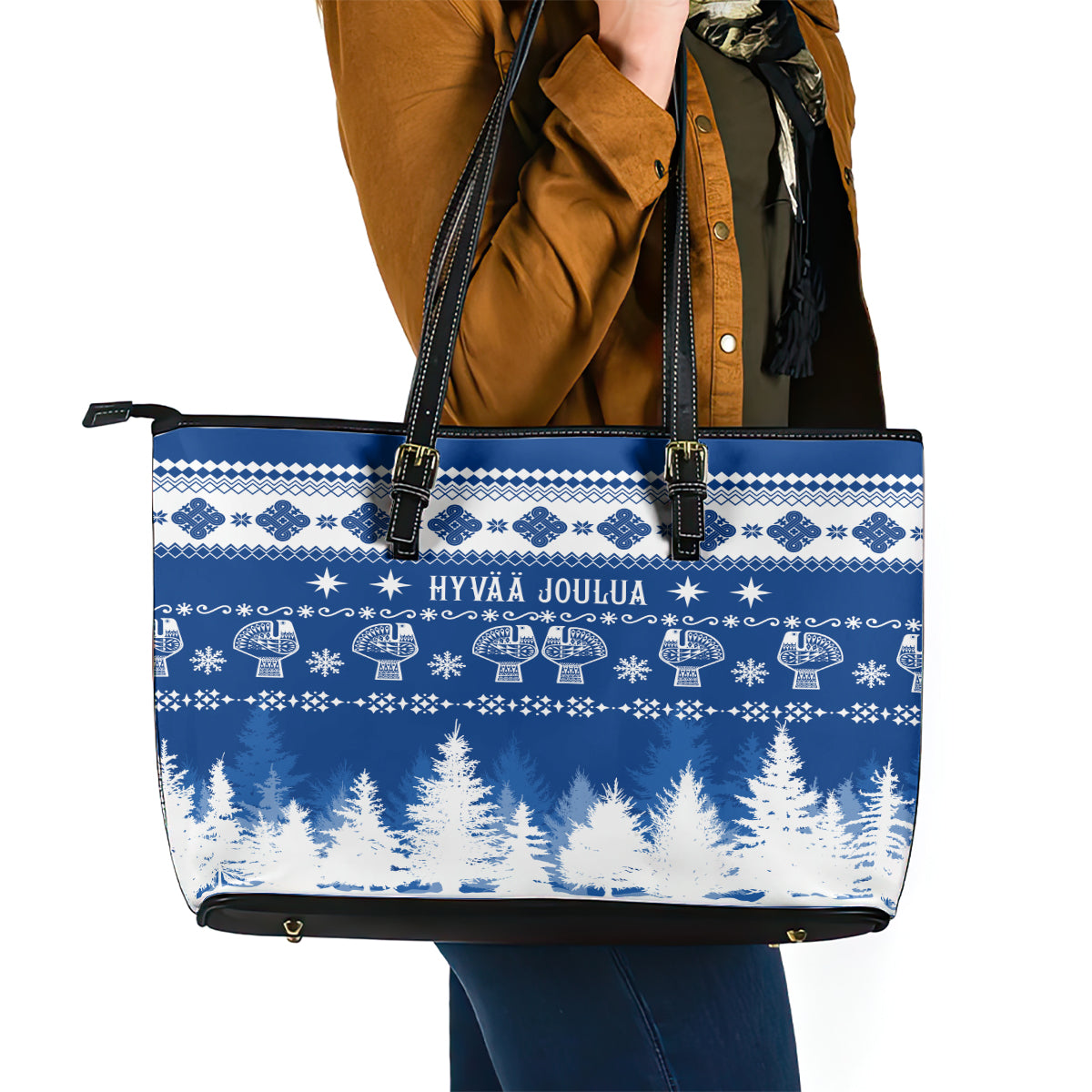 Finland Christmas Hannunvaakuna Tattoo Leather Tote Bag Hyvaa Joulua - Flag Color LT7