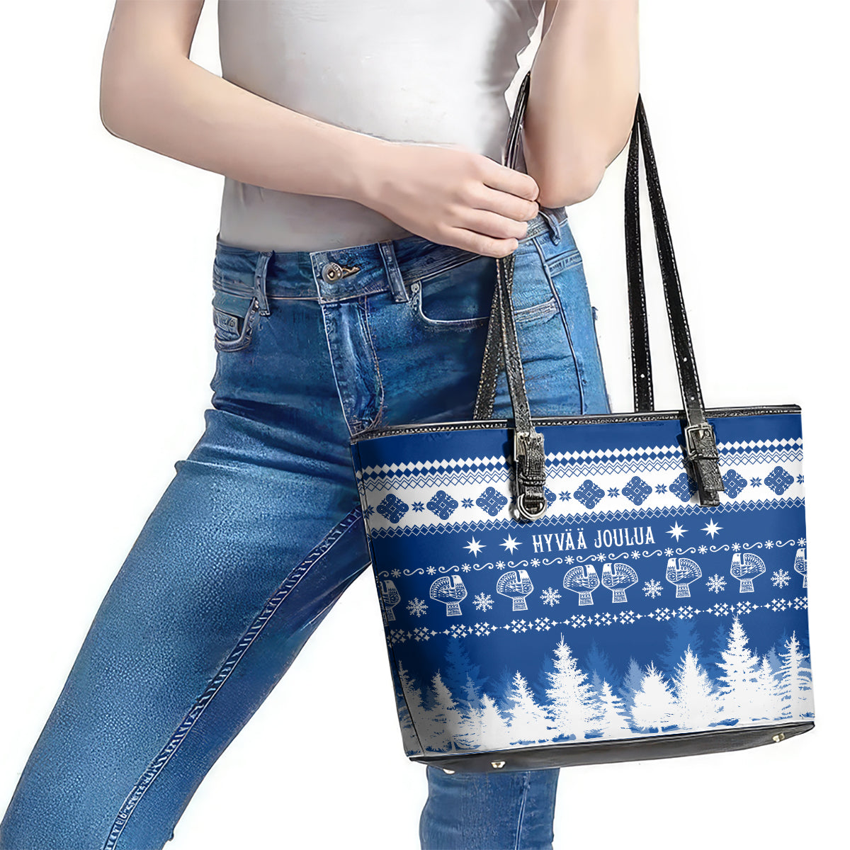 Finland Christmas Hannunvaakuna Tattoo Leather Tote Bag Hyvaa Joulua - Flag Color LT7