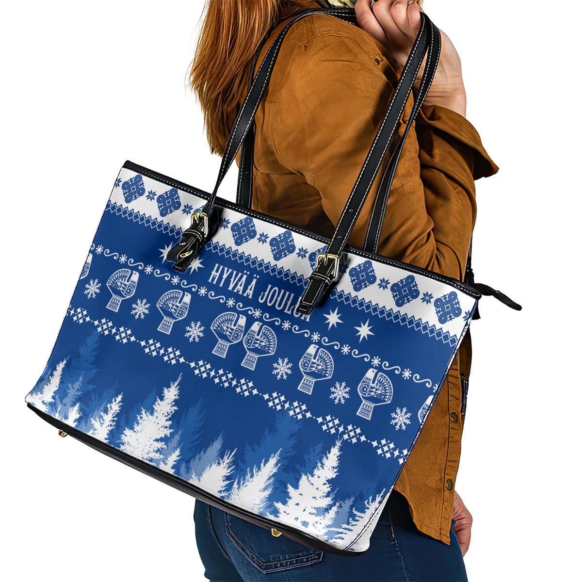 Finland Christmas Hannunvaakuna Tattoo Leather Tote Bag Hyvaa Joulua - Flag Color LT7