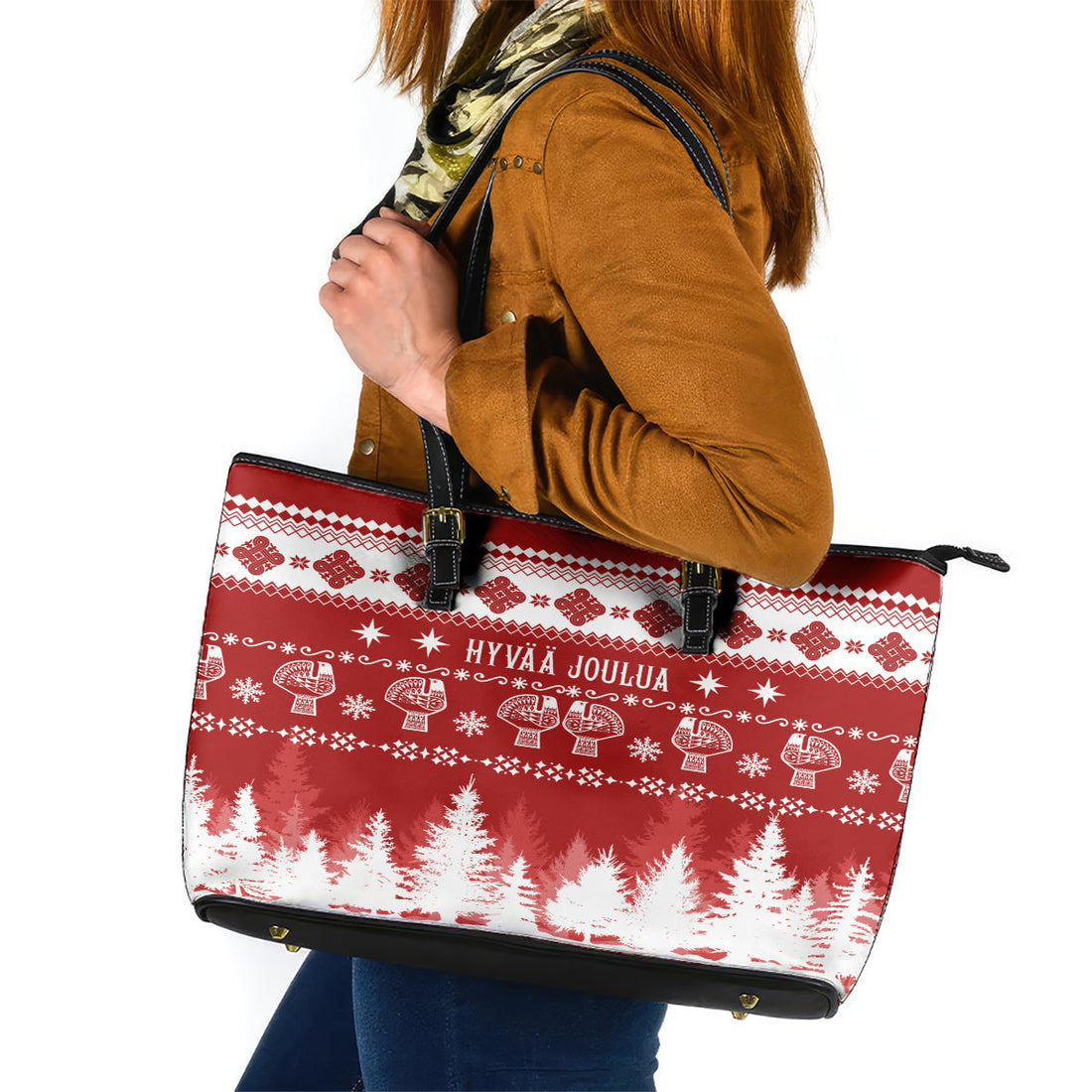 Finland Christmas Hannunvaakuna Tattoo Leather Tote Bag Hyvaa Joulua - Red LT7