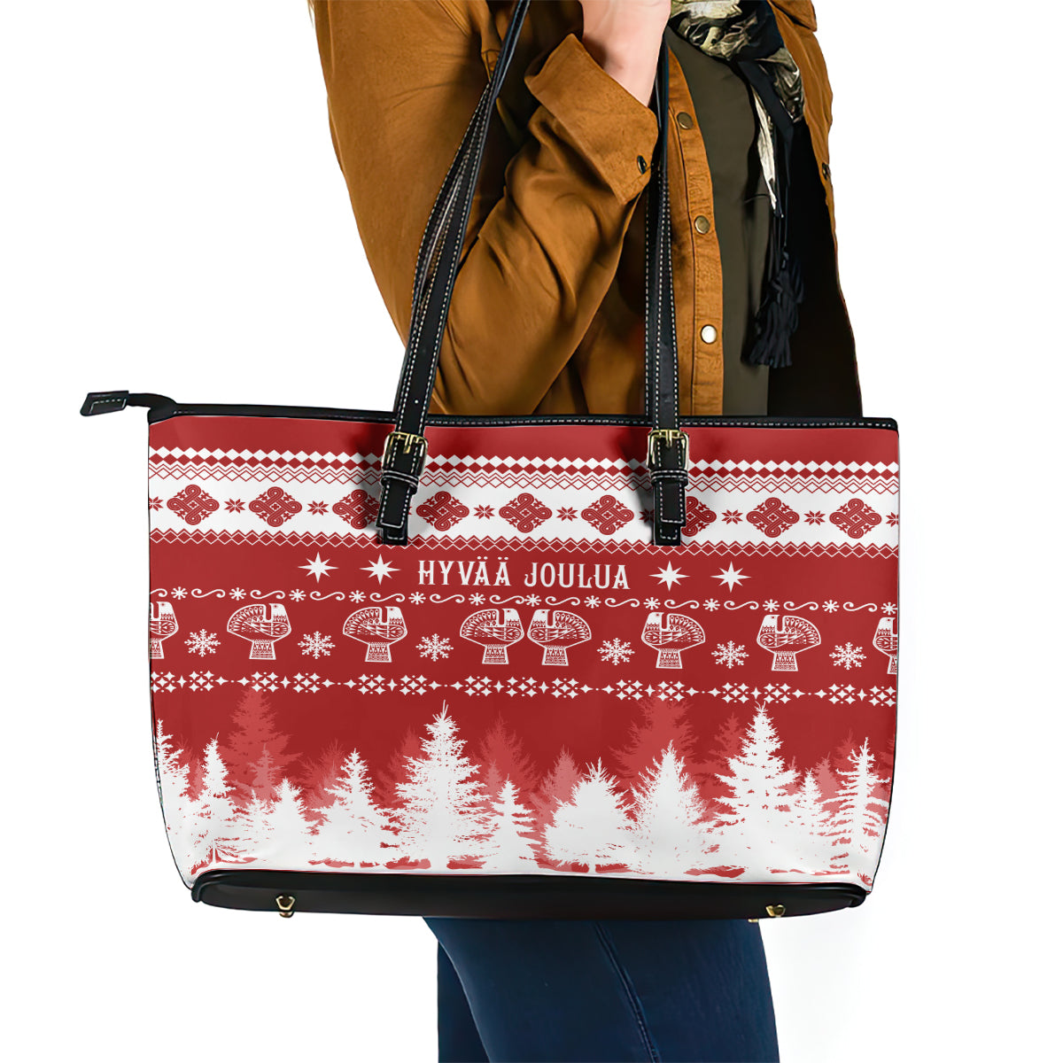 Finland Christmas Hannunvaakuna Tattoo Leather Tote Bag Hyvaa Joulua - Red LT7