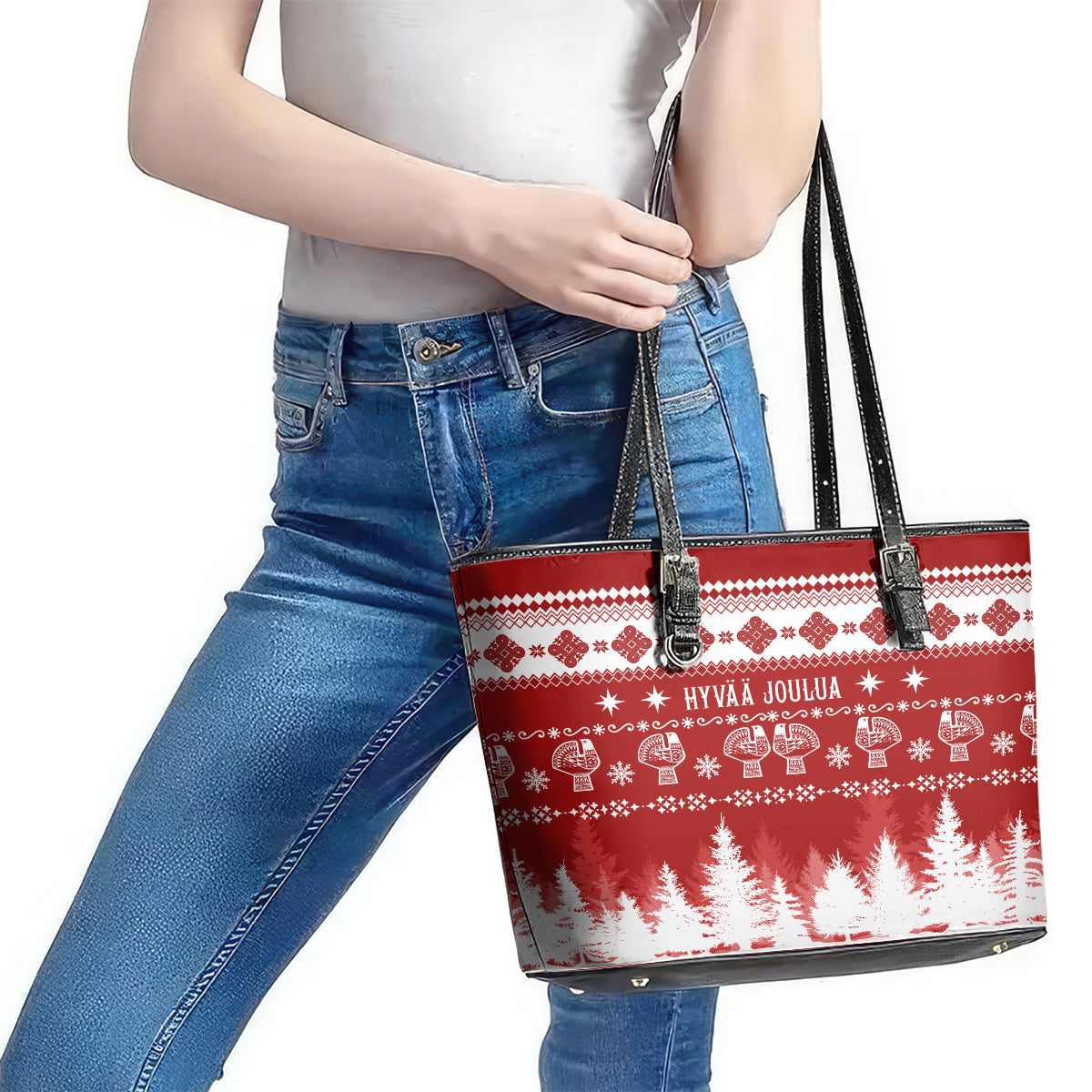 Finland Christmas Hannunvaakuna Tattoo Leather Tote Bag Hyvaa Joulua - Red LT7