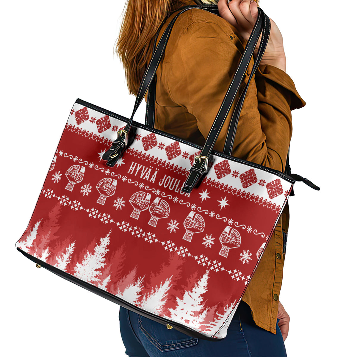 Finland Christmas Hannunvaakuna Tattoo Leather Tote Bag Hyvaa Joulua - Red LT7