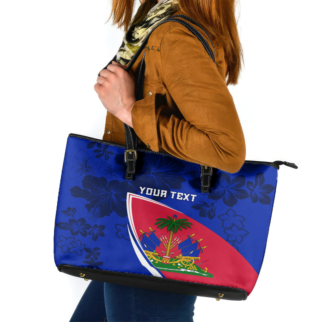 Personalised Haiti Independence Anniversary Leather Tote Bag Mix Hibiscus - Flag Color LT7