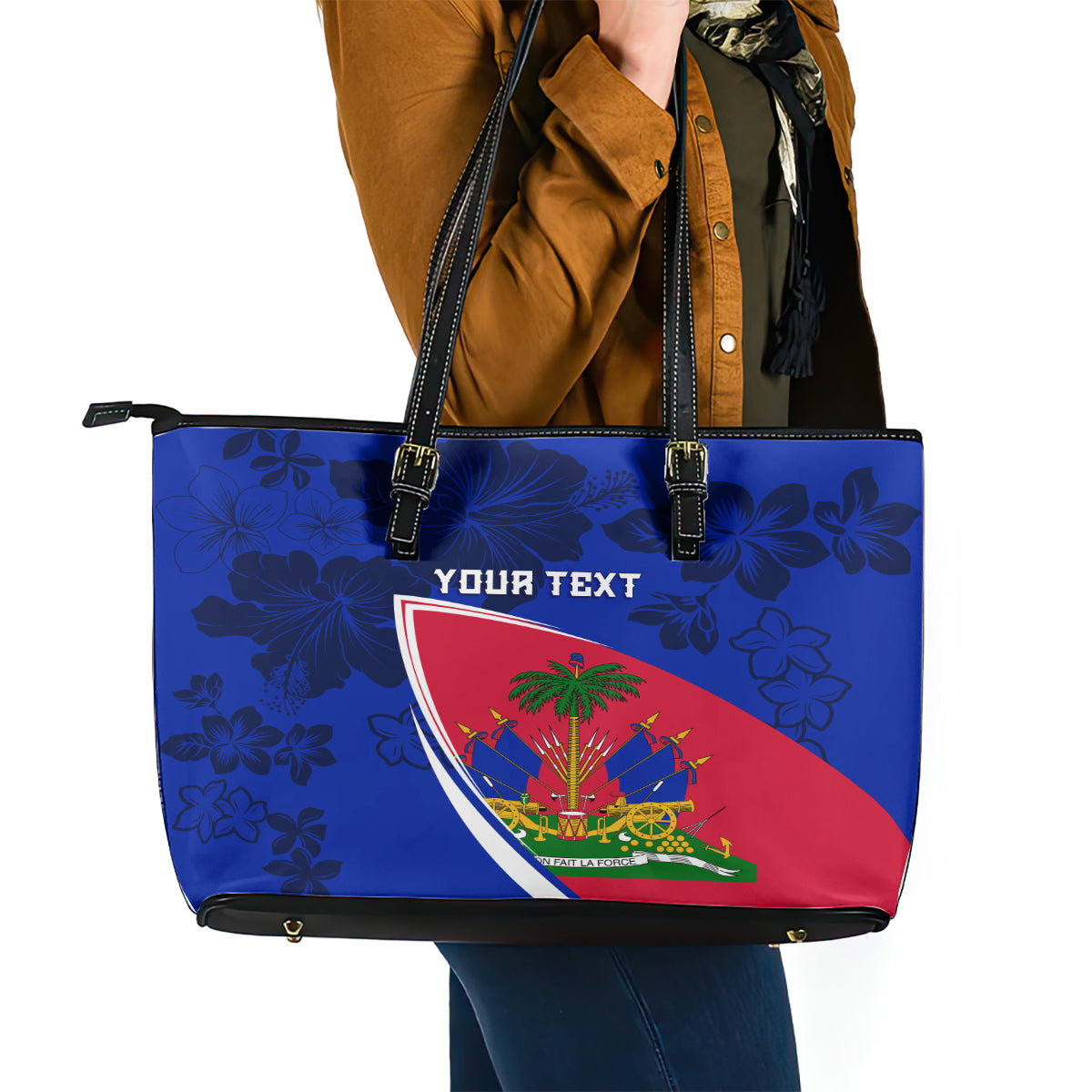 Personalised Haiti Independence Anniversary Leather Tote Bag Mix Hibiscus - Flag Color LT7