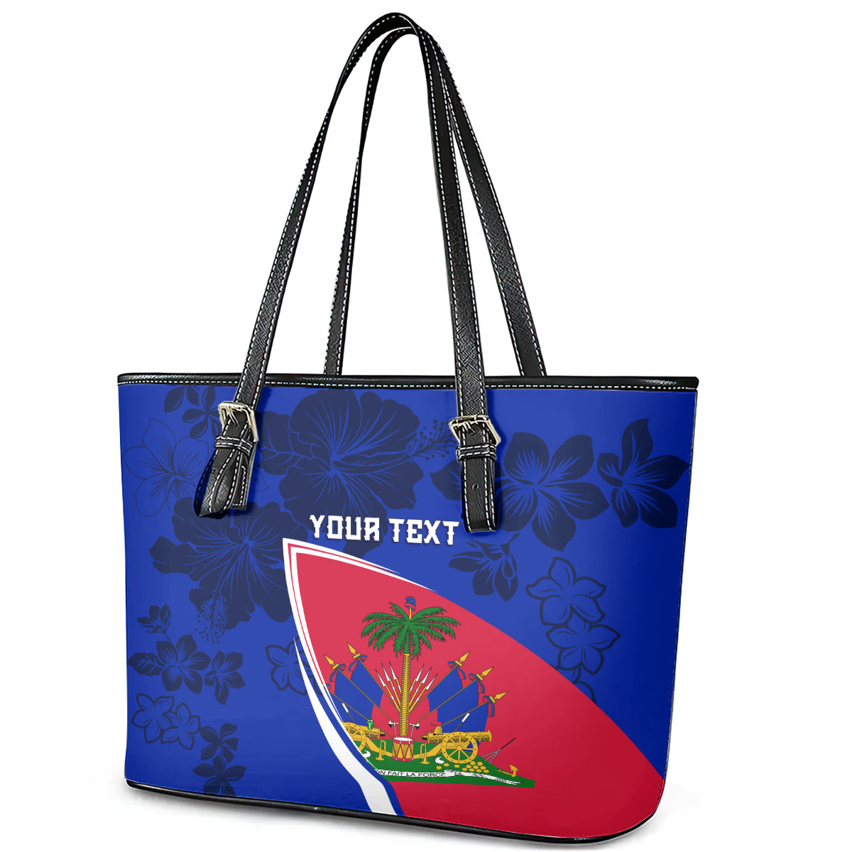 Personalised Haiti Independence Anniversary Leather Tote Bag Mix Hibiscus - Flag Color LT7