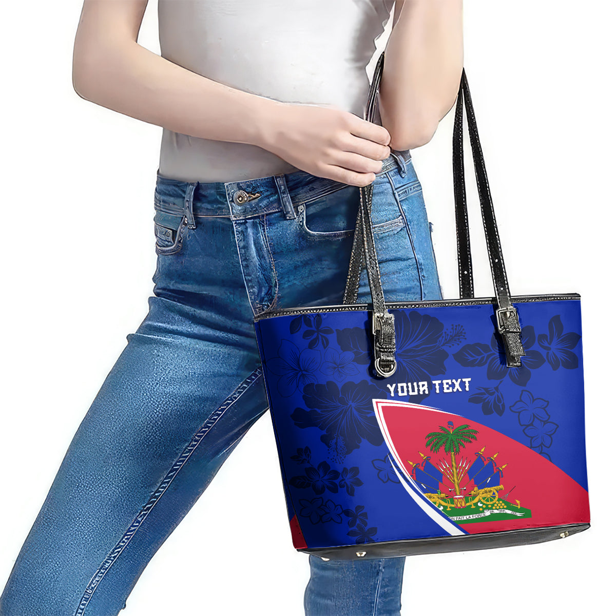 Personalised Haiti Independence Anniversary Leather Tote Bag Mix Hibiscus - Flag Color LT7