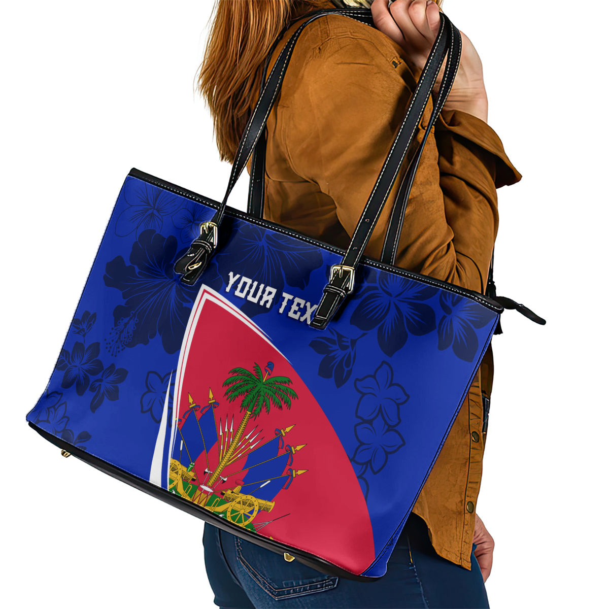 Personalised Haiti Independence Anniversary Leather Tote Bag Mix Hibiscus - Flag Color LT7