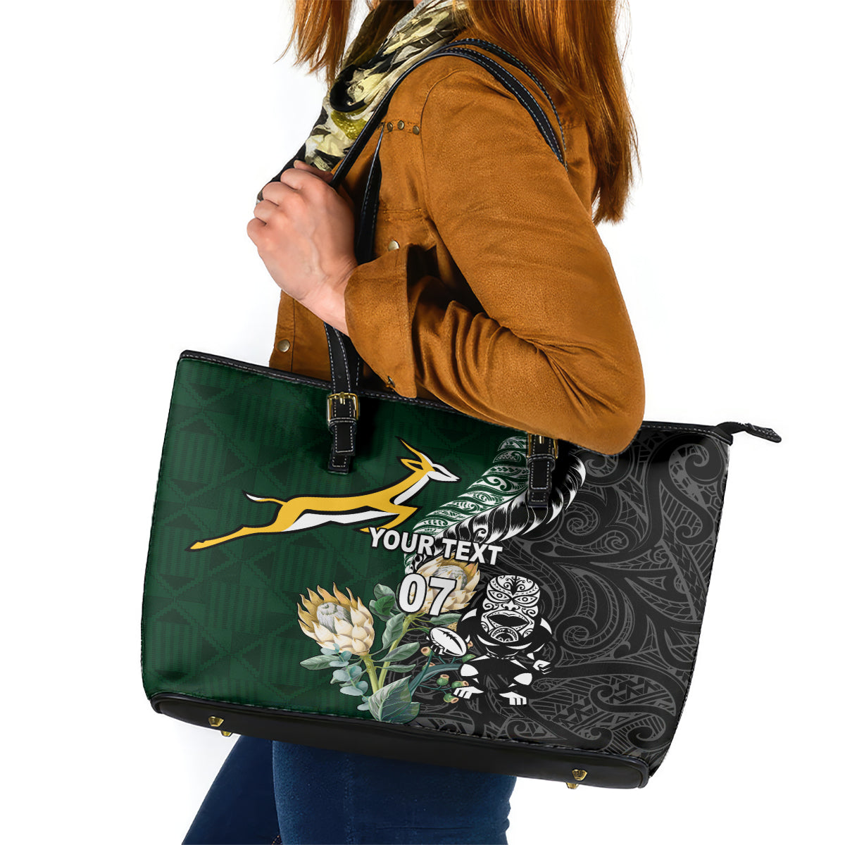 Custom South Africa Mix New Zealand Rugby 2023 Leather Tote Bag World Cup Greatest Rivalry LT7