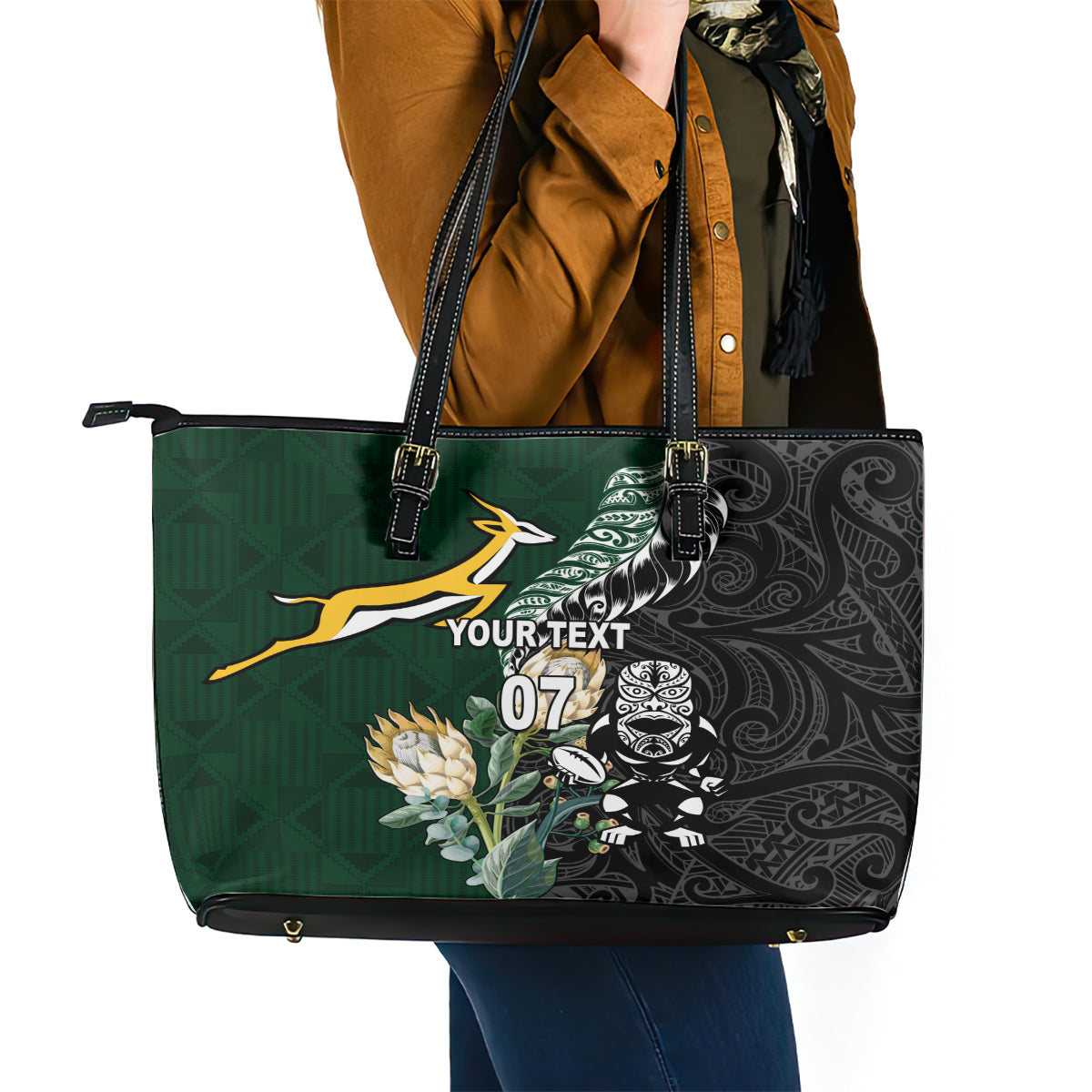Custom South Africa Mix New Zealand Rugby 2023 Leather Tote Bag World Cup Greatest Rivalry LT7