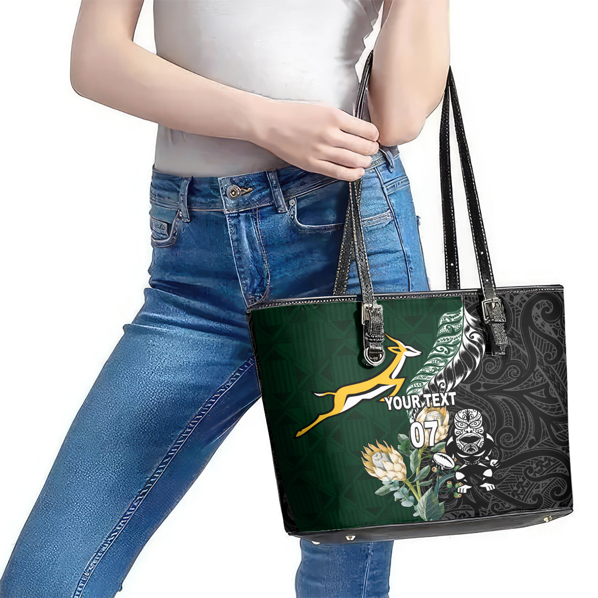 Custom South Africa Mix New Zealand Rugby 2023 Leather Tote Bag World Cup Greatest Rivalry LT7