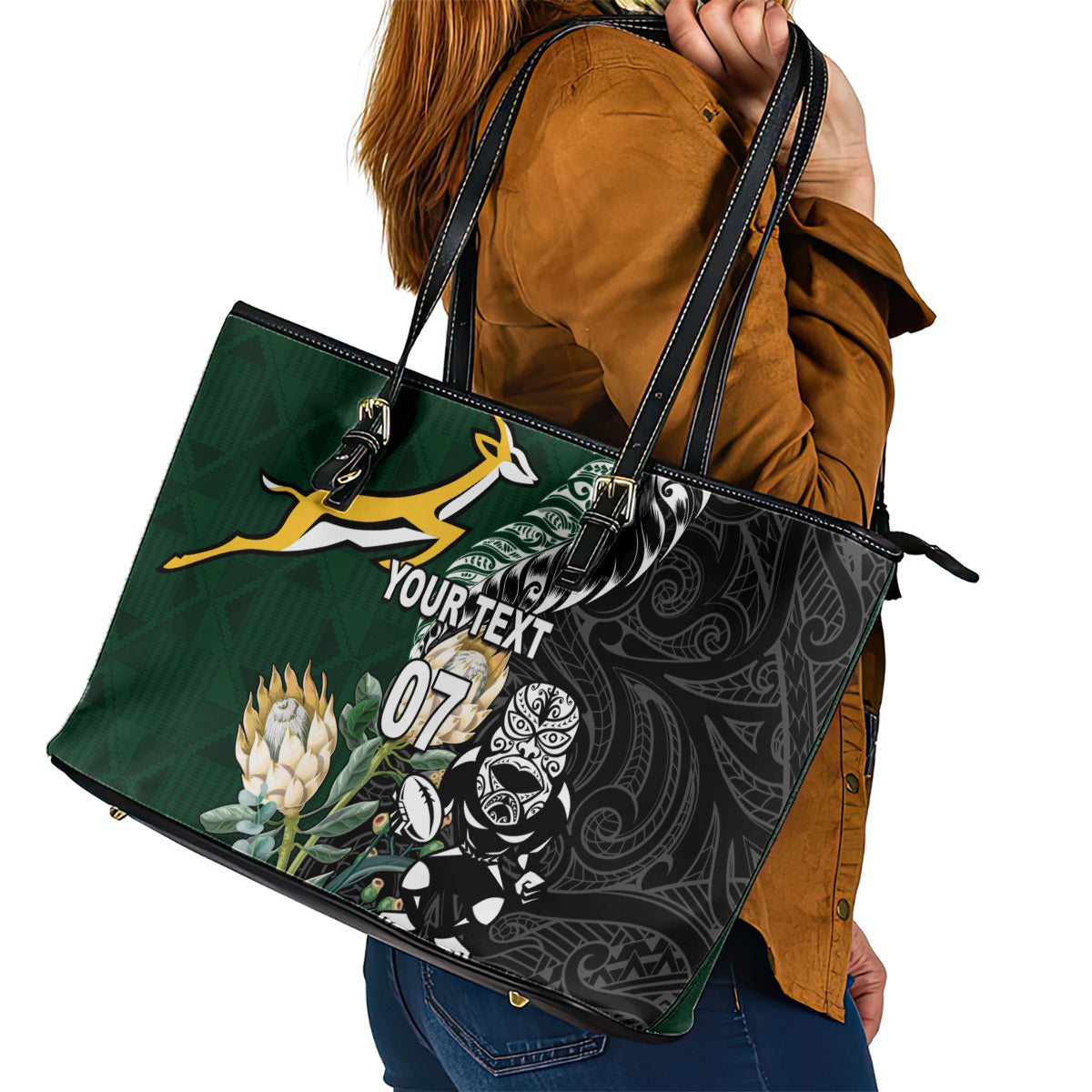 Custom South Africa Mix New Zealand Rugby 2023 Leather Tote Bag World Cup Greatest Rivalry LT7