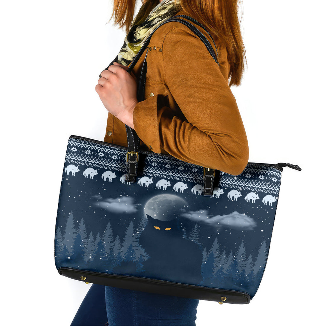 Yule Cat Christmas Leather Tote Bag Jolakotturinn Snowy Night LT7