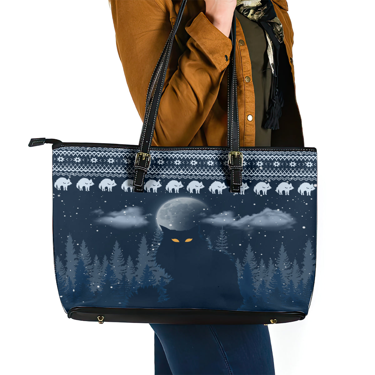 Yule Cat Christmas Leather Tote Bag Jolakotturinn Snowy Night LT7