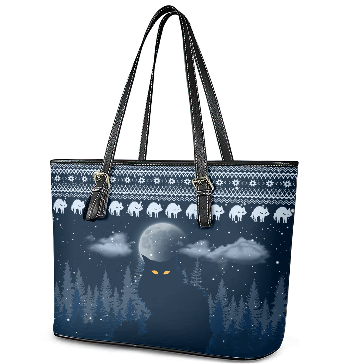 Yule Cat Christmas Leather Tote Bag Jolakotturinn Snowy Night LT7