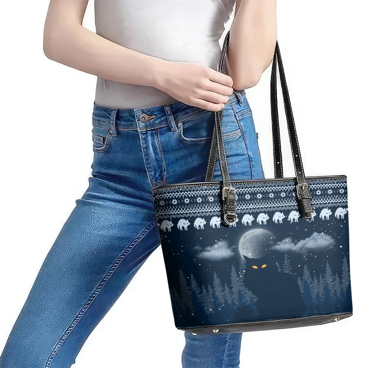Yule Cat Christmas Leather Tote Bag Jolakotturinn Snowy Night LT7