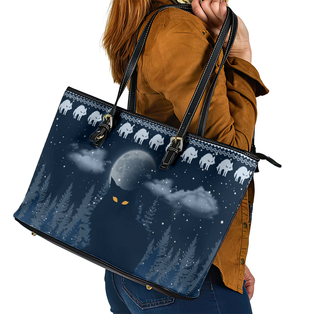 Yule Cat Christmas Leather Tote Bag Jolakotturinn Snowy Night LT7