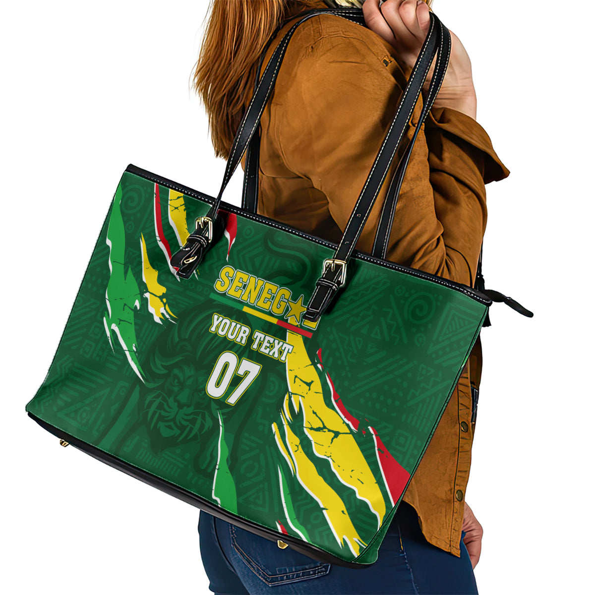 Custom Senegal Football Leather Tote Bag Nations Cup 2024 Tranga Lions LT7