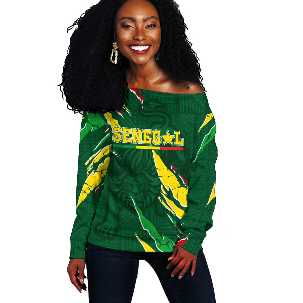Custom Senegal Football Off Shoulder Sweater Nations Cup 2024 Tranga Lions LT7