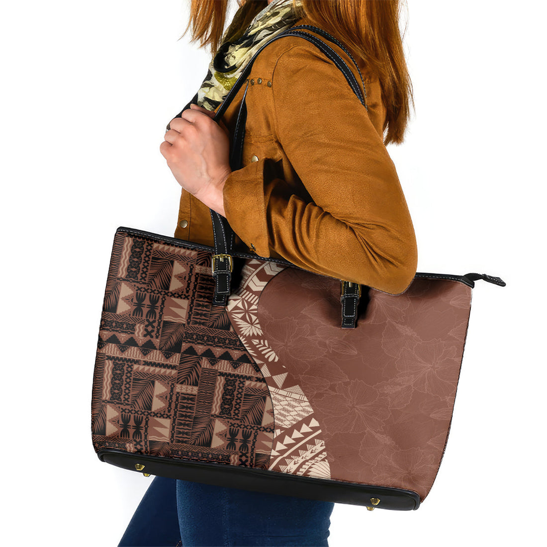 Bula Fiji Leather Tote Bag Tribal Masi Tapa - Brown LT7