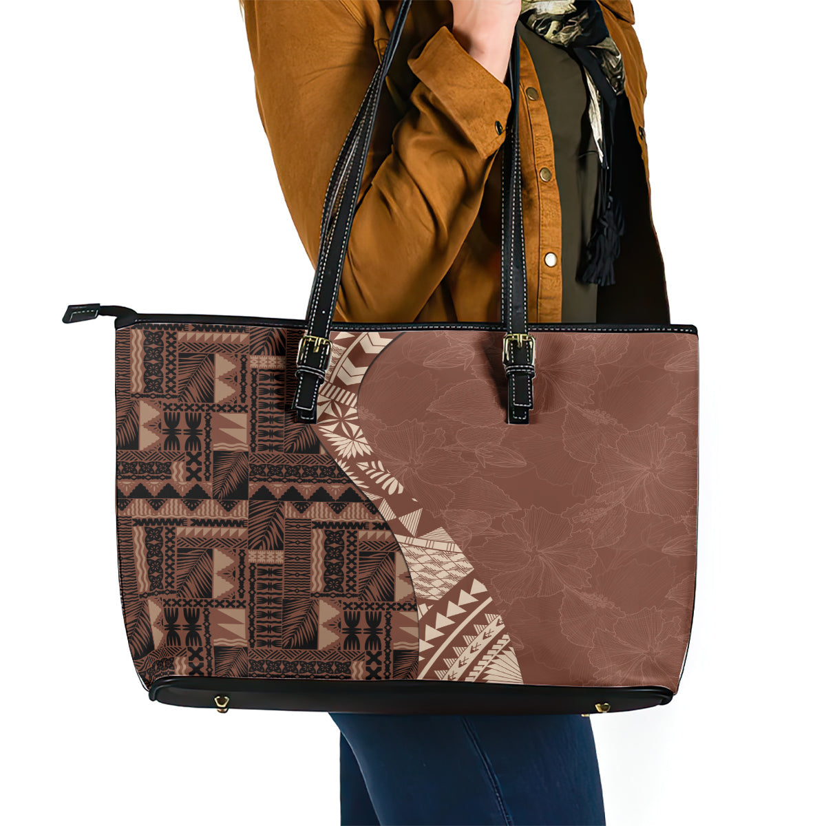 Bula Fiji Leather Tote Bag Tribal Masi Tapa - Brown LT7