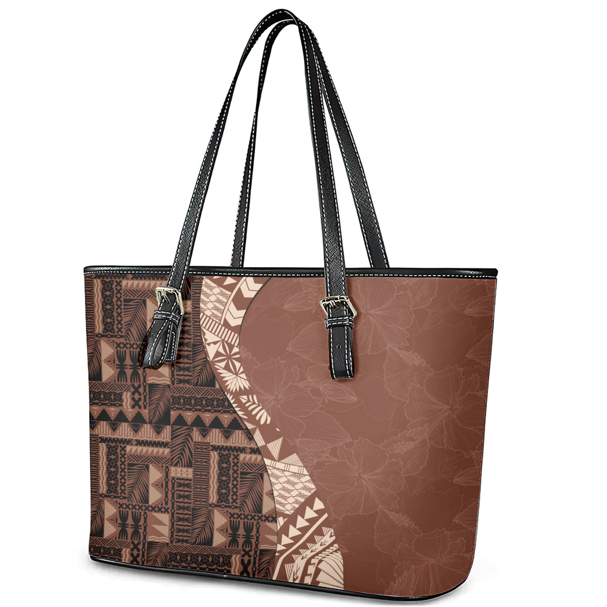 Bula Fiji Leather Tote Bag Tribal Masi Tapa - Brown LT7