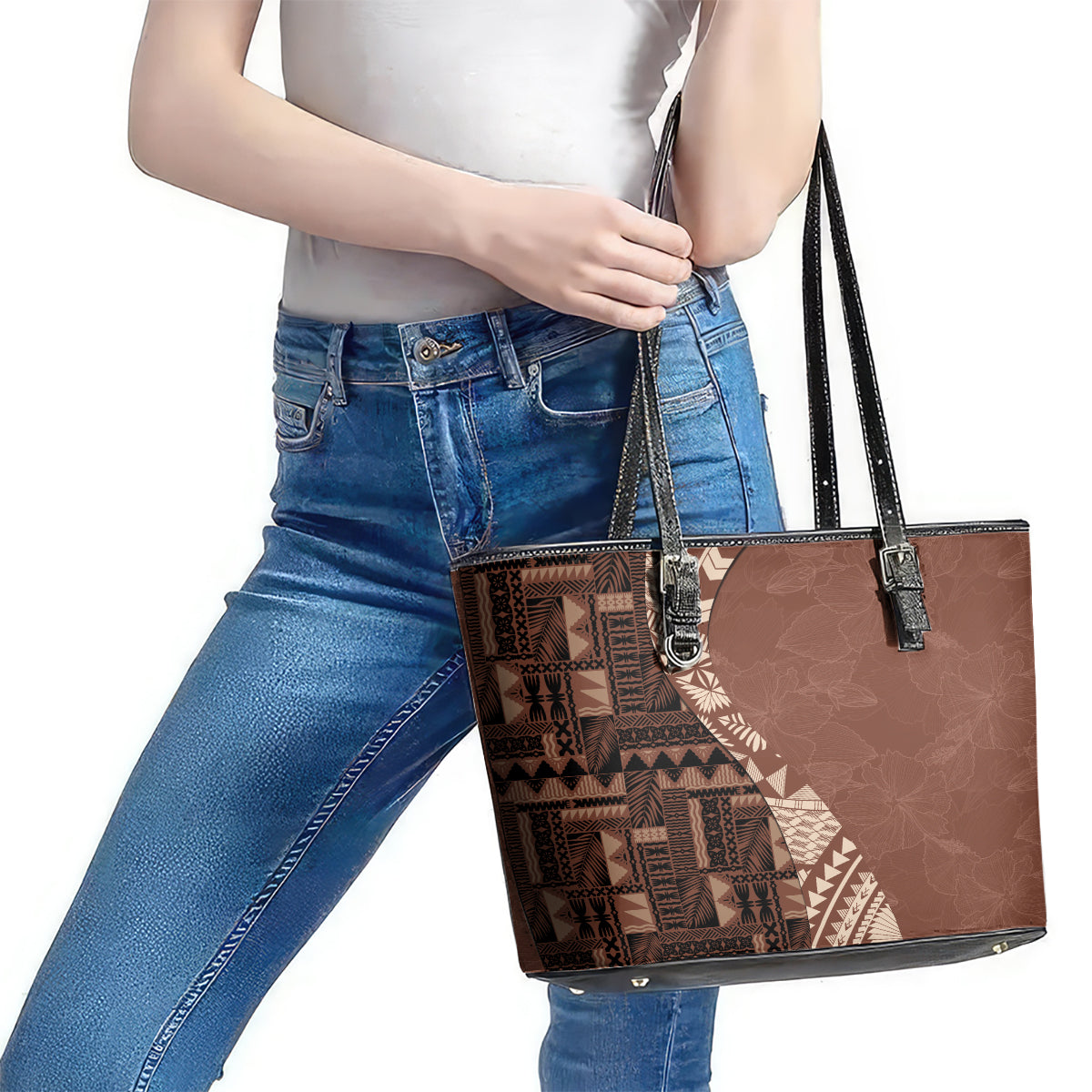 Bula Fiji Leather Tote Bag Tribal Masi Tapa - Brown LT7