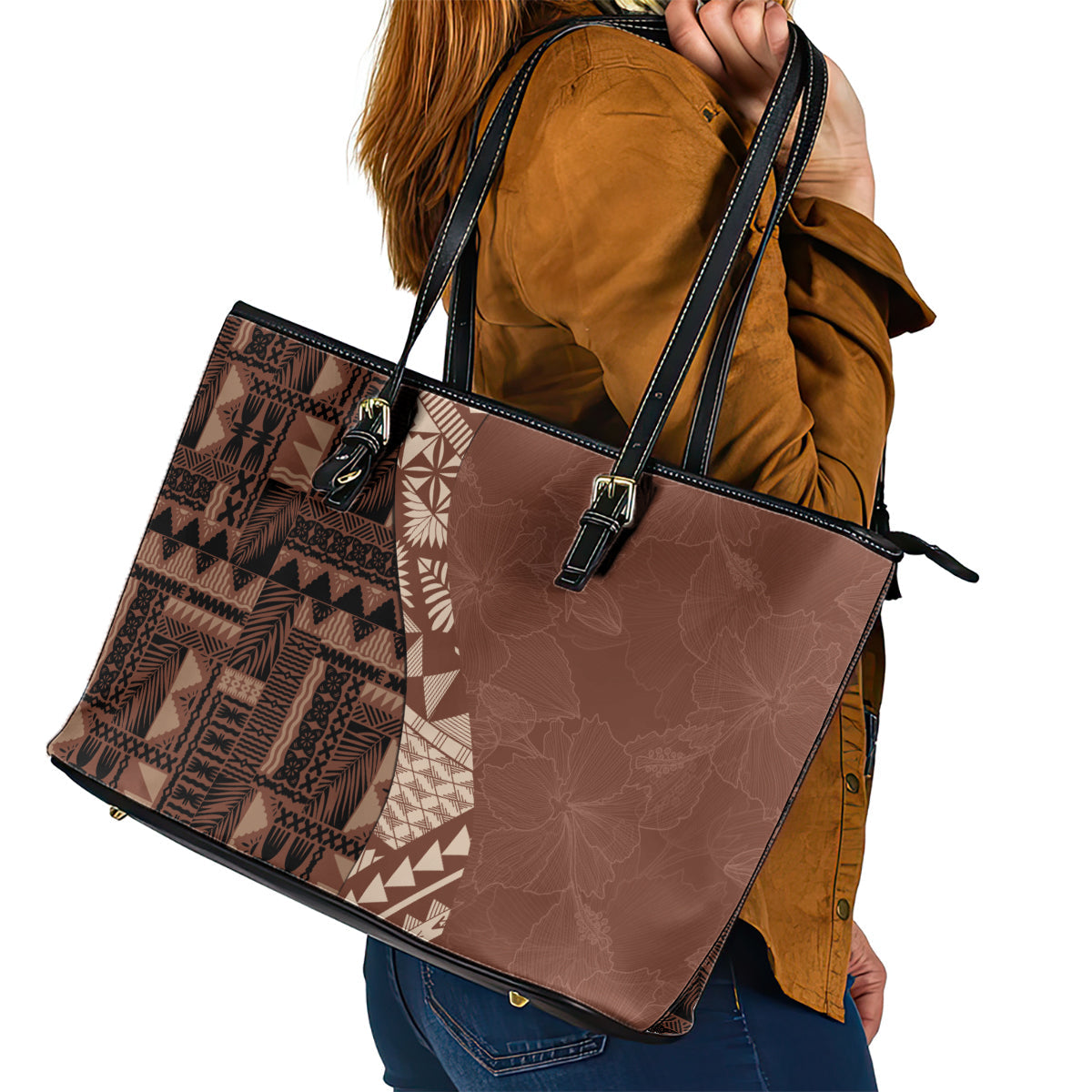 Bula Fiji Leather Tote Bag Tribal Masi Tapa - Brown LT7