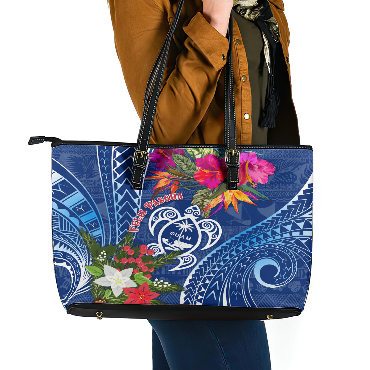 Guam Christmas Leather Tote Bag Turtle Mix Tapa Felis Pasgua LT7