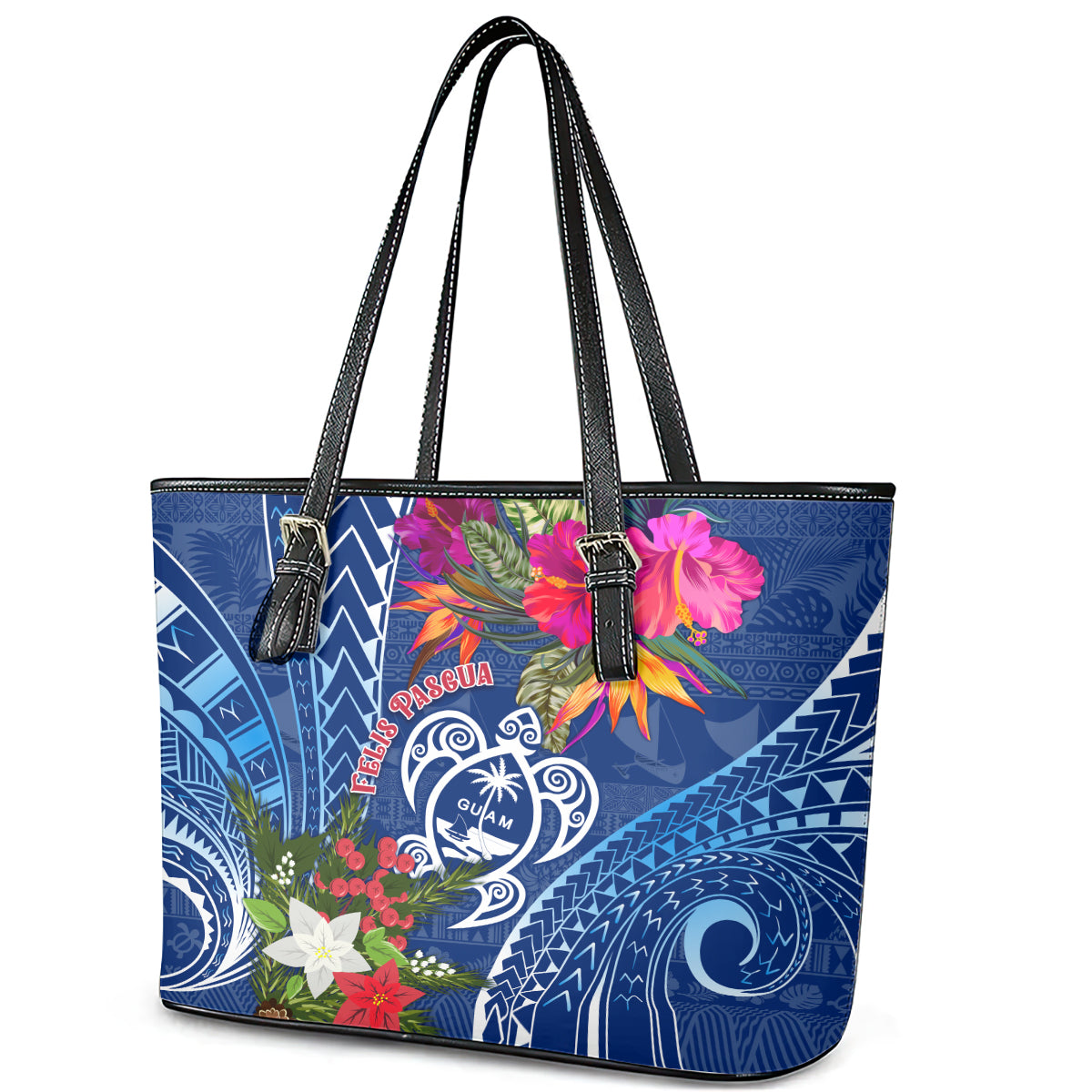 Guam Christmas Leather Tote Bag Turtle Mix Tapa Felis Pasgua LT7