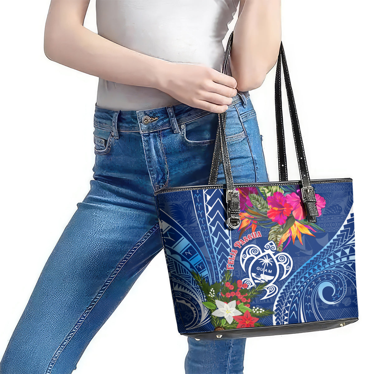 Guam Christmas Leather Tote Bag Turtle Mix Tapa Felis Pasgua LT7