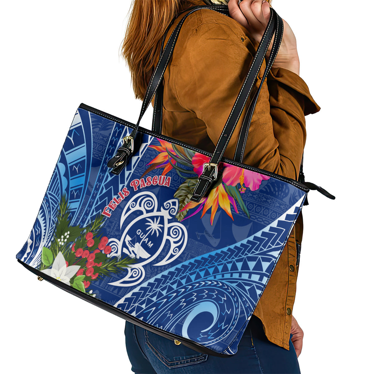 Guam Christmas Leather Tote Bag Turtle Mix Tapa Felis Pasgua LT7