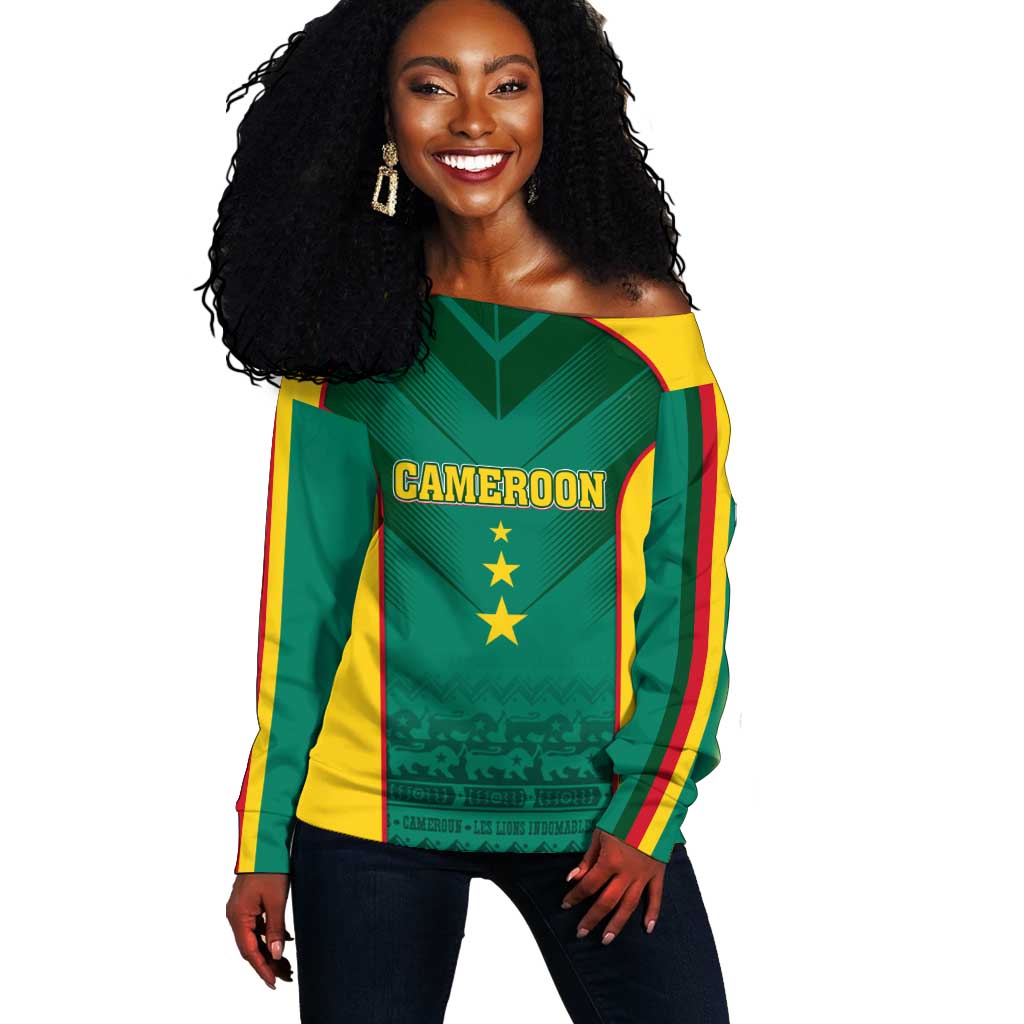 Custom Cameroon Football Off Shoulder Sweater Nations Cup 2024 Les Lions Indomptables LT7