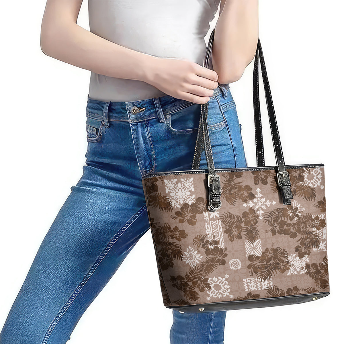 Vintage Hawaii Leather Tote Bag Hibiscus Mix Hawaiian Quilt Patches - Brown LT7