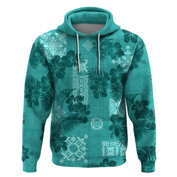 Vintage Hawaii Hoodie Hibiscus Mix Hawaiian Quilt Patches - Teal LT7