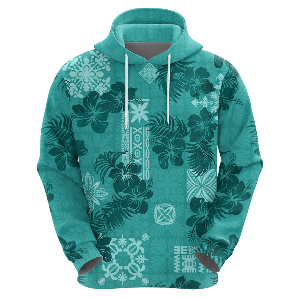 Vintage Hawaii Hoodie Hibiscus Mix Hawaiian Quilt Patches - Teal LT7