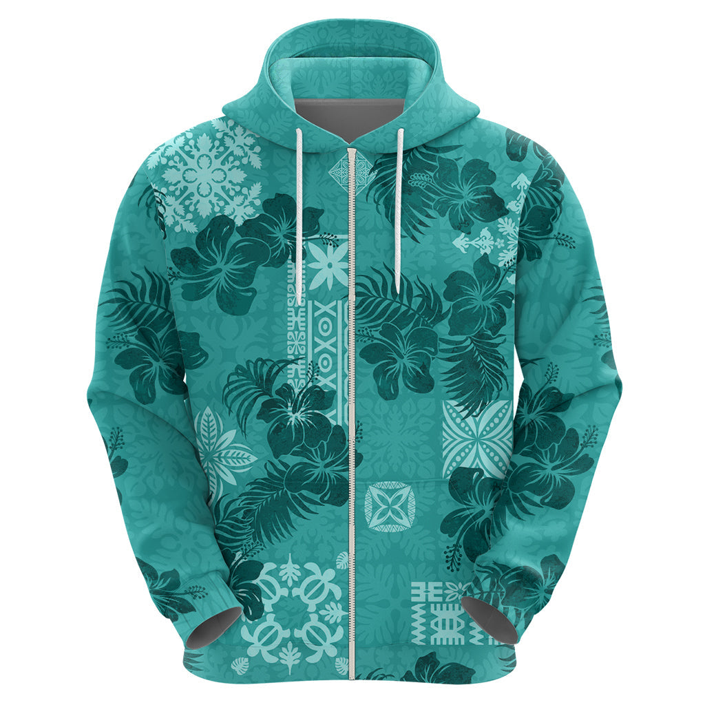 Vintage Hawaii Hoodie Hibiscus Mix Hawaiian Quilt Patches - Teal LT7