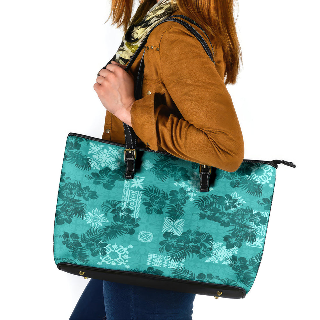 Vintage Hawaii Leather Tote Bag Hibiscus Mix Hawaiian Quilt Patches - Teal LT7