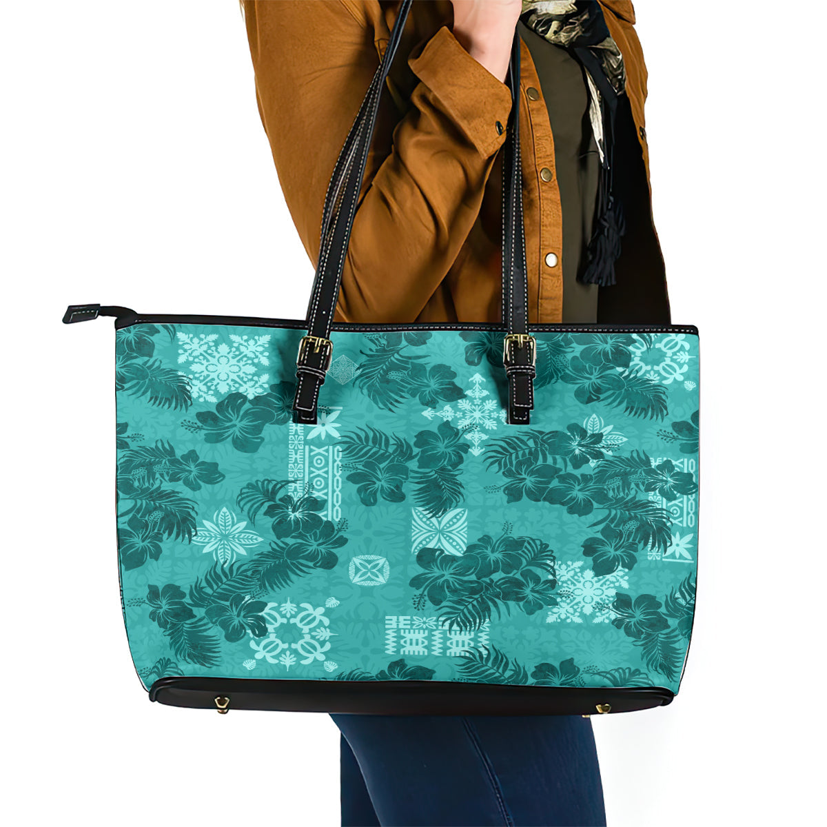 Vintage Hawaii Leather Tote Bag Hibiscus Mix Hawaiian Quilt Patches - Teal LT7