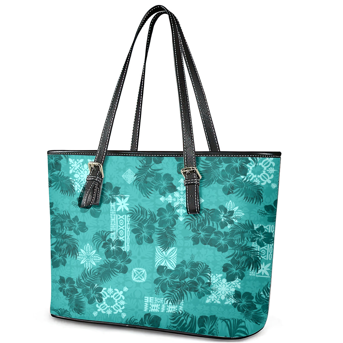 Vintage Hawaii Leather Tote Bag Hibiscus Mix Hawaiian Quilt Patches - Teal LT7