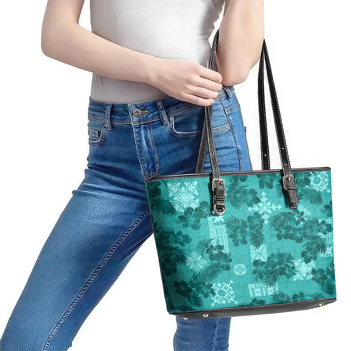 Vintage Hawaii Leather Tote Bag Hibiscus Mix Hawaiian Quilt Patches - Teal LT7