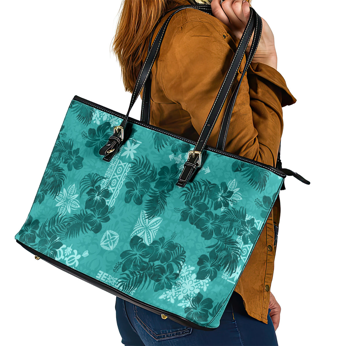 Vintage Hawaii Leather Tote Bag Hibiscus Mix Hawaiian Quilt Patches - Teal LT7