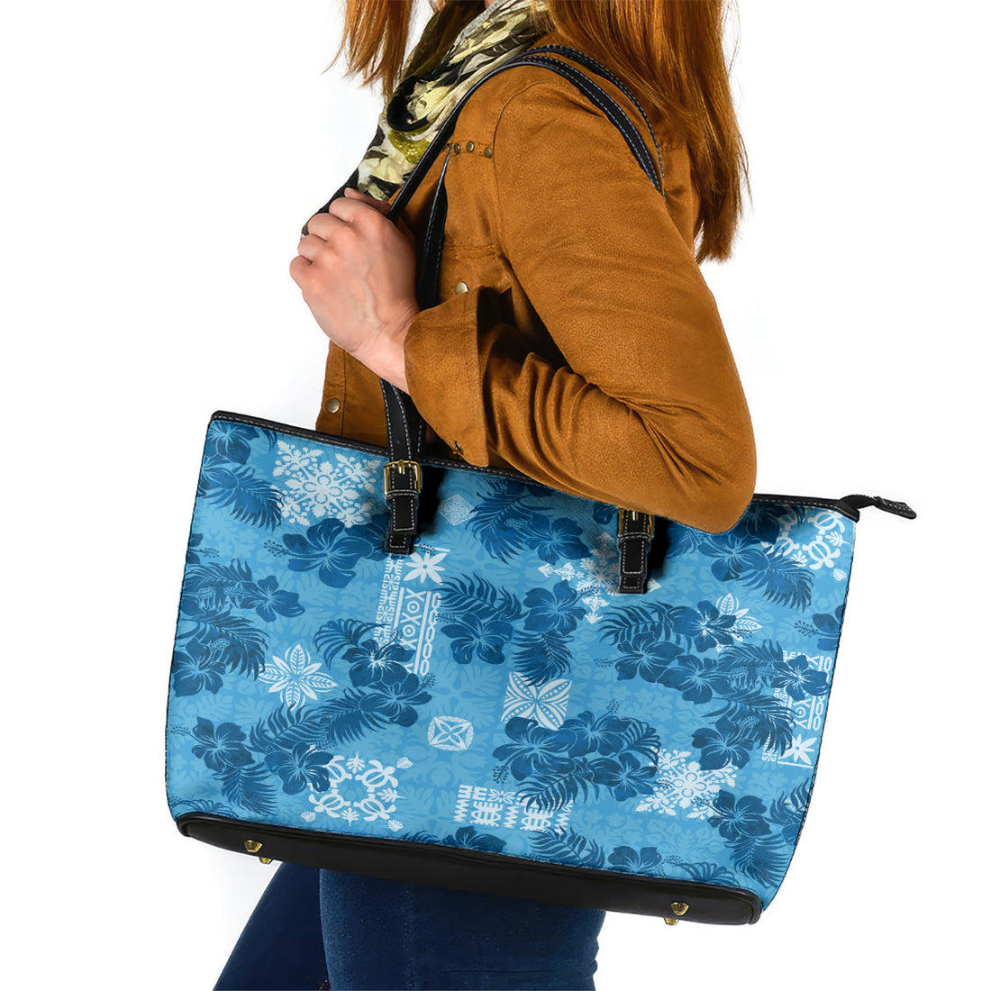 Hawaii Tapa Leather Tote Bag Hibiscus Mix Hawaiian Quilt Patches - Blue LT7