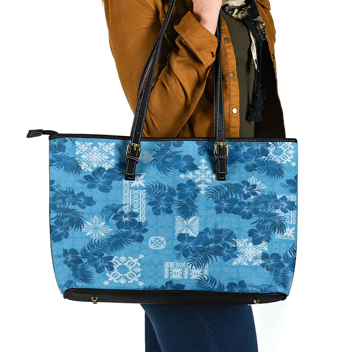 Hawaii Tapa Leather Tote Bag Hibiscus Mix Hawaiian Quilt Patches - Blue LT7