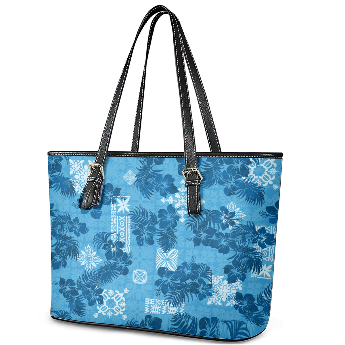 Hawaii Tapa Leather Tote Bag Hibiscus Mix Hawaiian Quilt Patches - Blue LT7