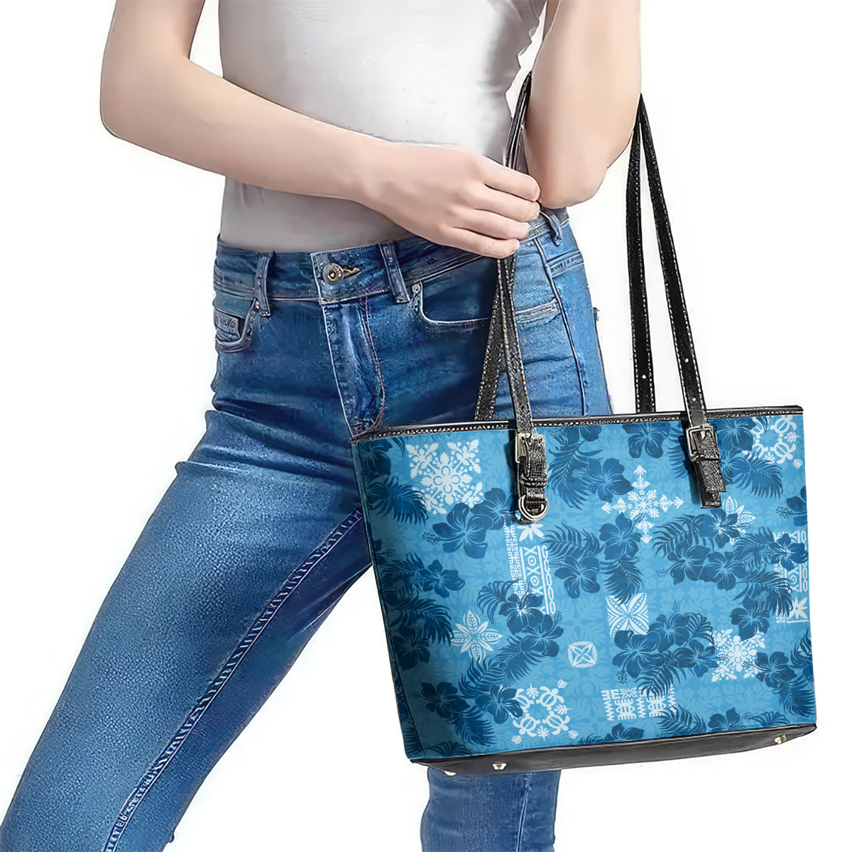 Hawaii Tapa Leather Tote Bag Hibiscus Mix Hawaiian Quilt Patches - Blue LT7