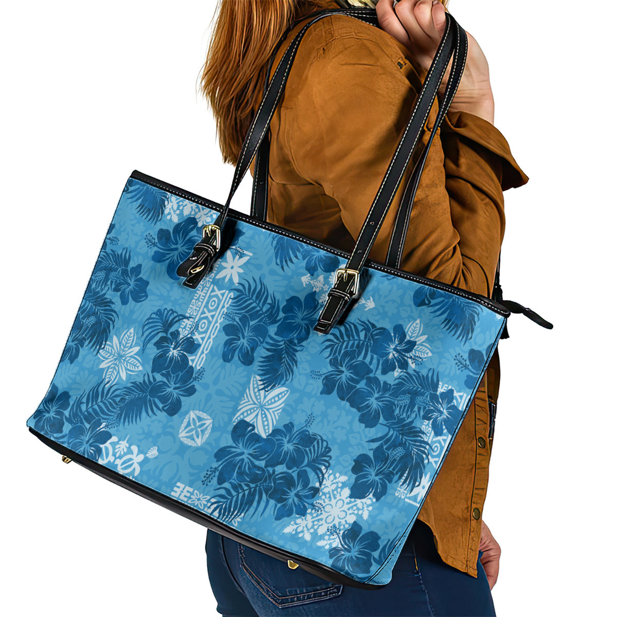 Hawaii Tapa Leather Tote Bag Hibiscus Mix Hawaiian Quilt Patches - Blue LT7