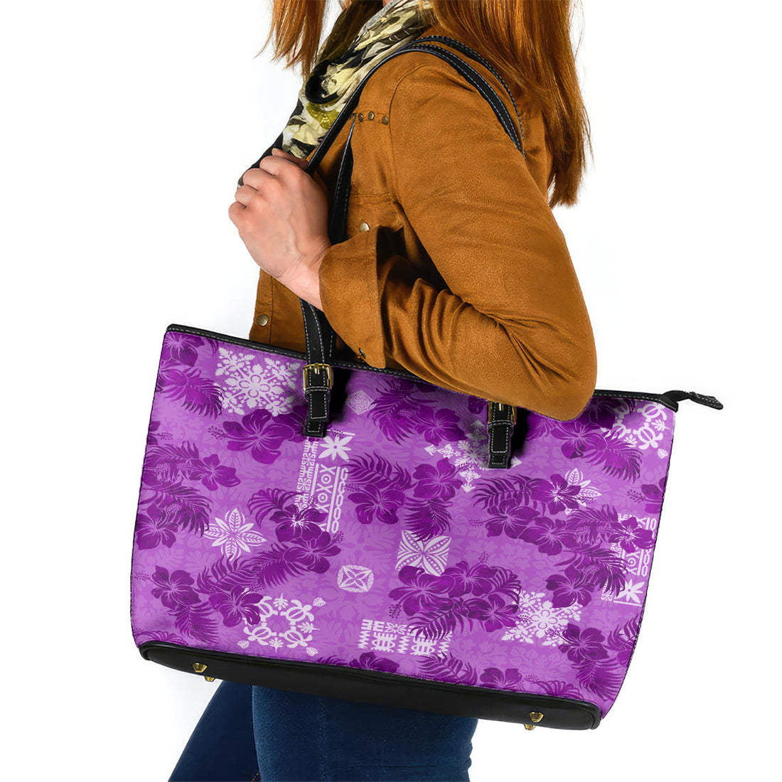 Hawaii Tapa Leather Tote Bag Hibiscus Mix Hawaiian Quilt Patches - Violet LT7