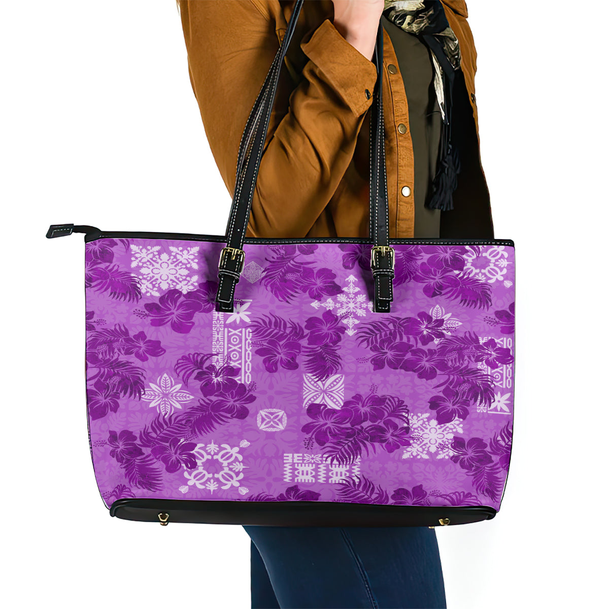 Hawaii Tapa Leather Tote Bag Hibiscus Mix Hawaiian Quilt Patches - Violet LT7