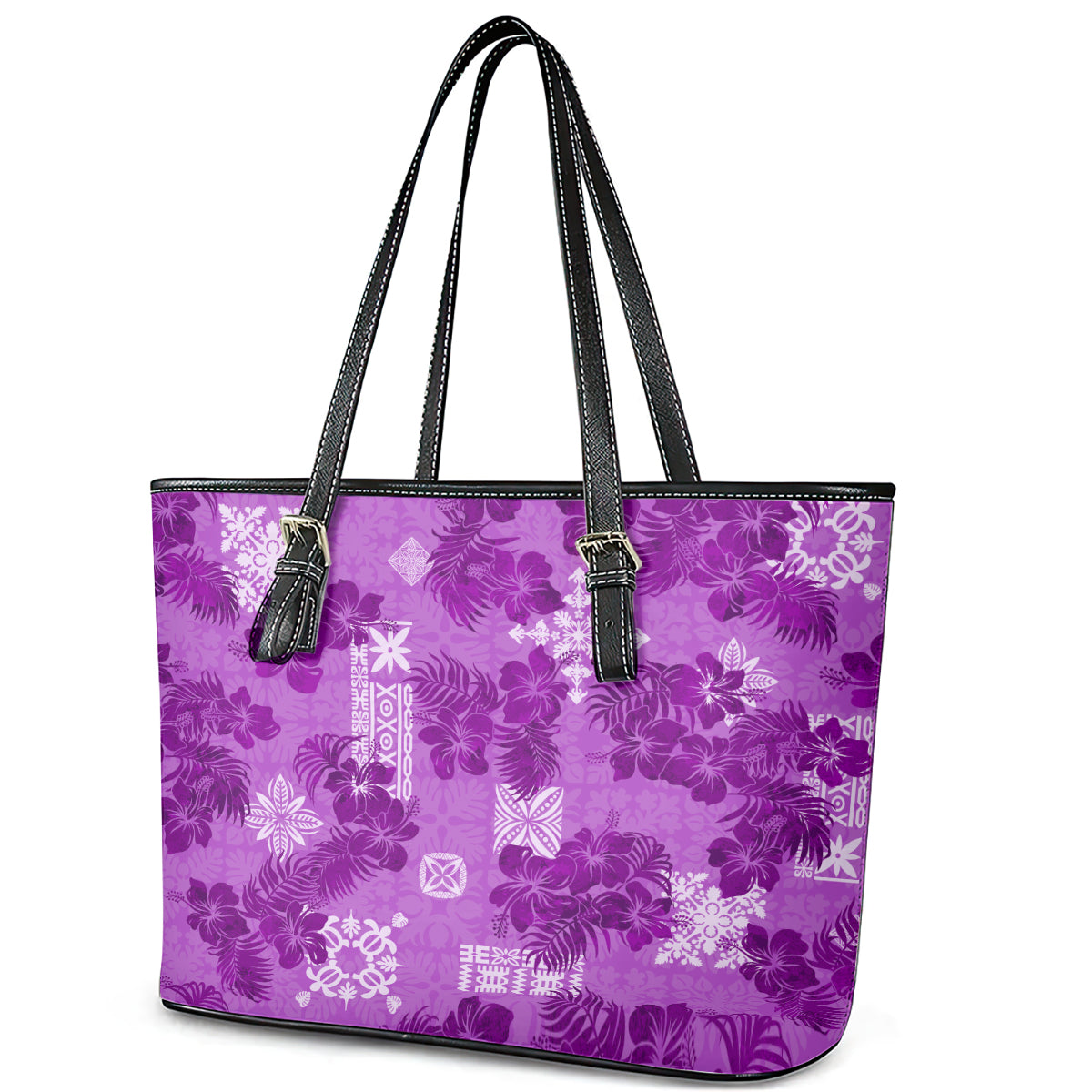 Hawaii Tapa Leather Tote Bag Hibiscus Mix Hawaiian Quilt Patches - Violet LT7